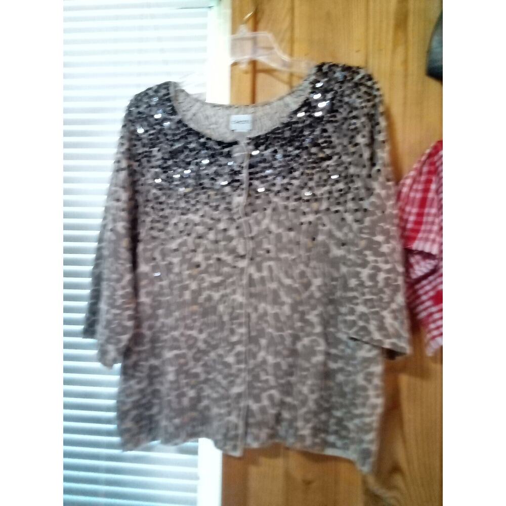 CHICOS Sz 2 EMBELLESHED Black SEQUIN Beige ANIMAL PRINT 3 BUTTON FRONT Sweater